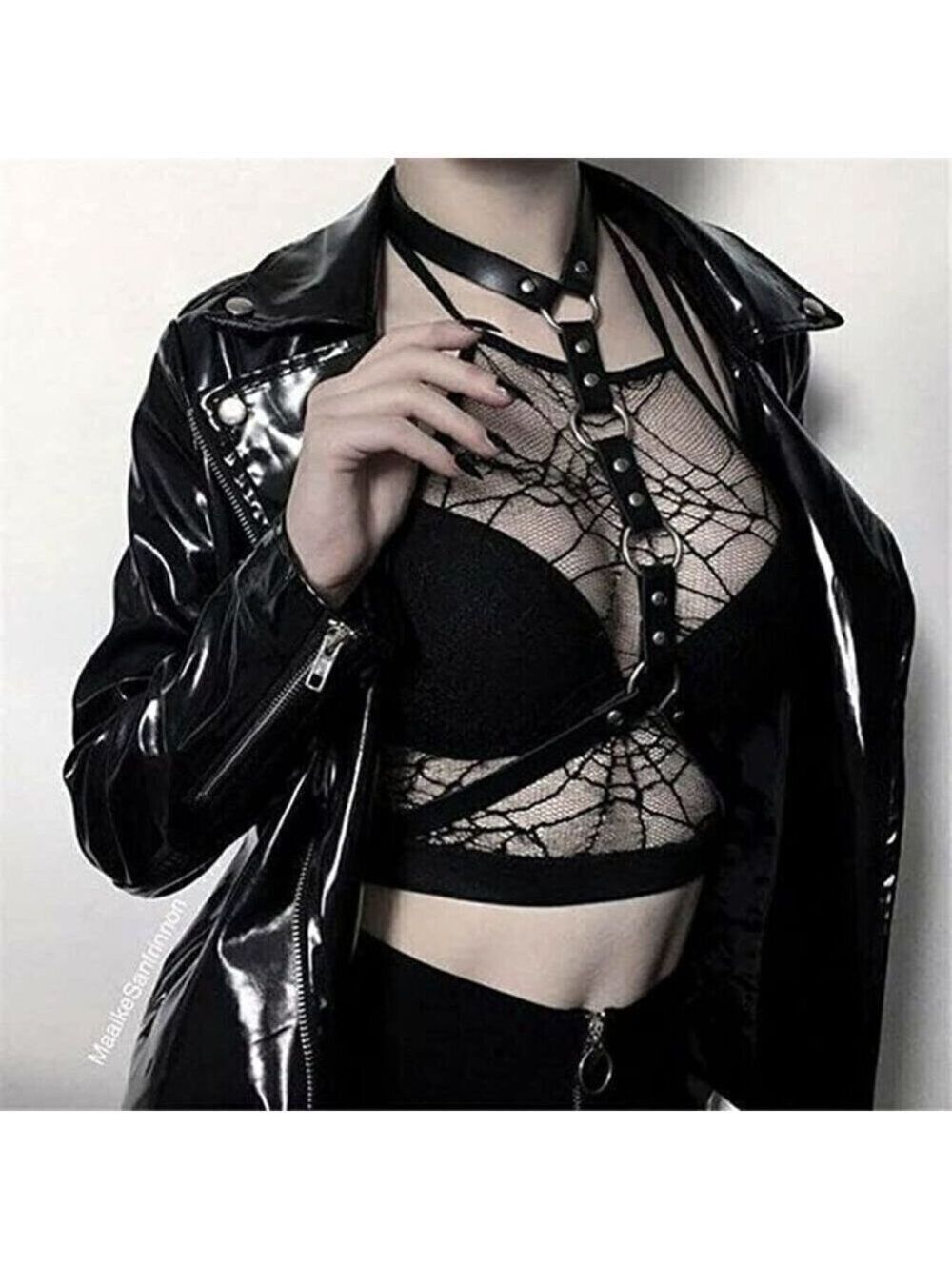 BLACK Leather Waist Shoulder Harness Bra Belt Choker Slave Fetish Bondage NWT